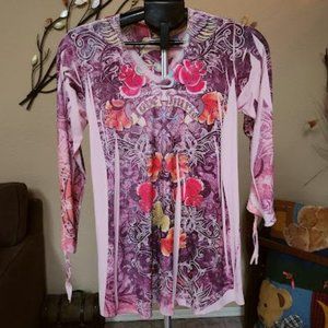 Dating pink floral print tunic with the bottom sleeves sz medium